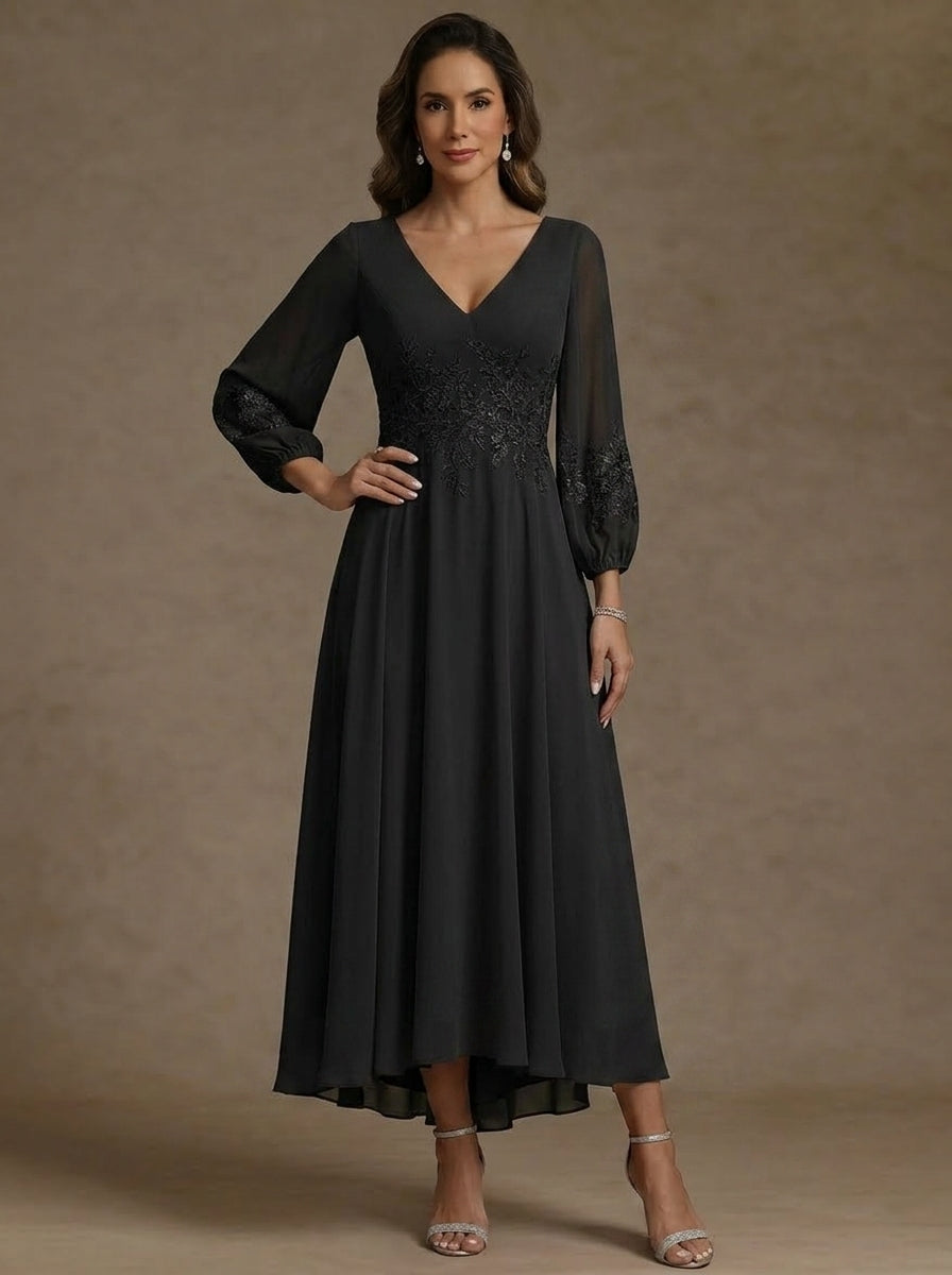 Robe mère de la mariée, Ligne A/Princesse, Col en V, Mousseline, Manches 3/4, Longueur du Thé Asymétrique, Dentelle, Florale