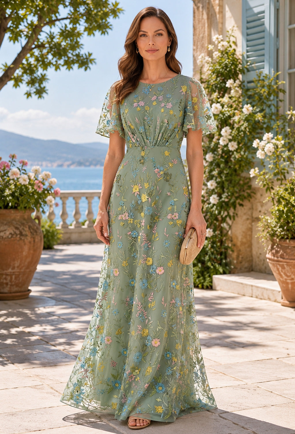 Robe Mère de la Mariée, Ligne A/Princesse, Col Rond, Dentelle, Emboderie, Manches Courtes, Longueur au Sol, Florale