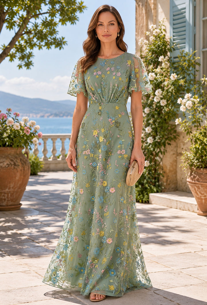 Robe Mère de la Mariée, Ligne A/Princesse, Col Rond, Dentelle, Emboderie, Manches Courtes, Longueur au Sol, Florale