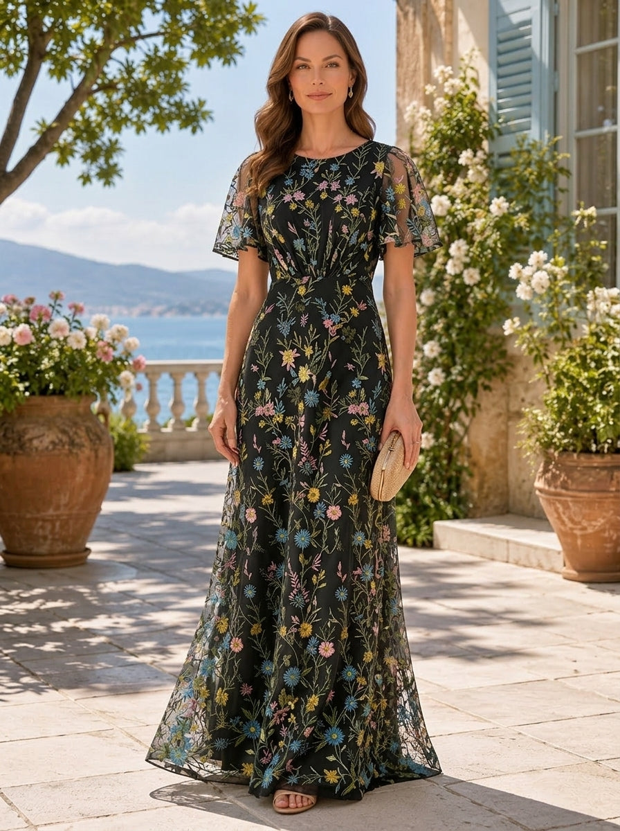 Robe Mère de la Mariée, Ligne A/Princesse, Col Rond, Dentelle, Emboderie, Manches Courtes, Longueur au Sol, Florale