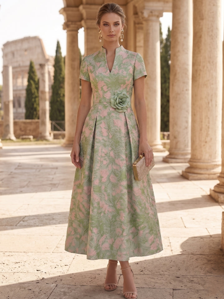 Robe Mère de la Mariée, Ligne A/Princesse, Col en V, Jacquard, Manches Courtes, Longueur de la Cheville, Fleur 3D