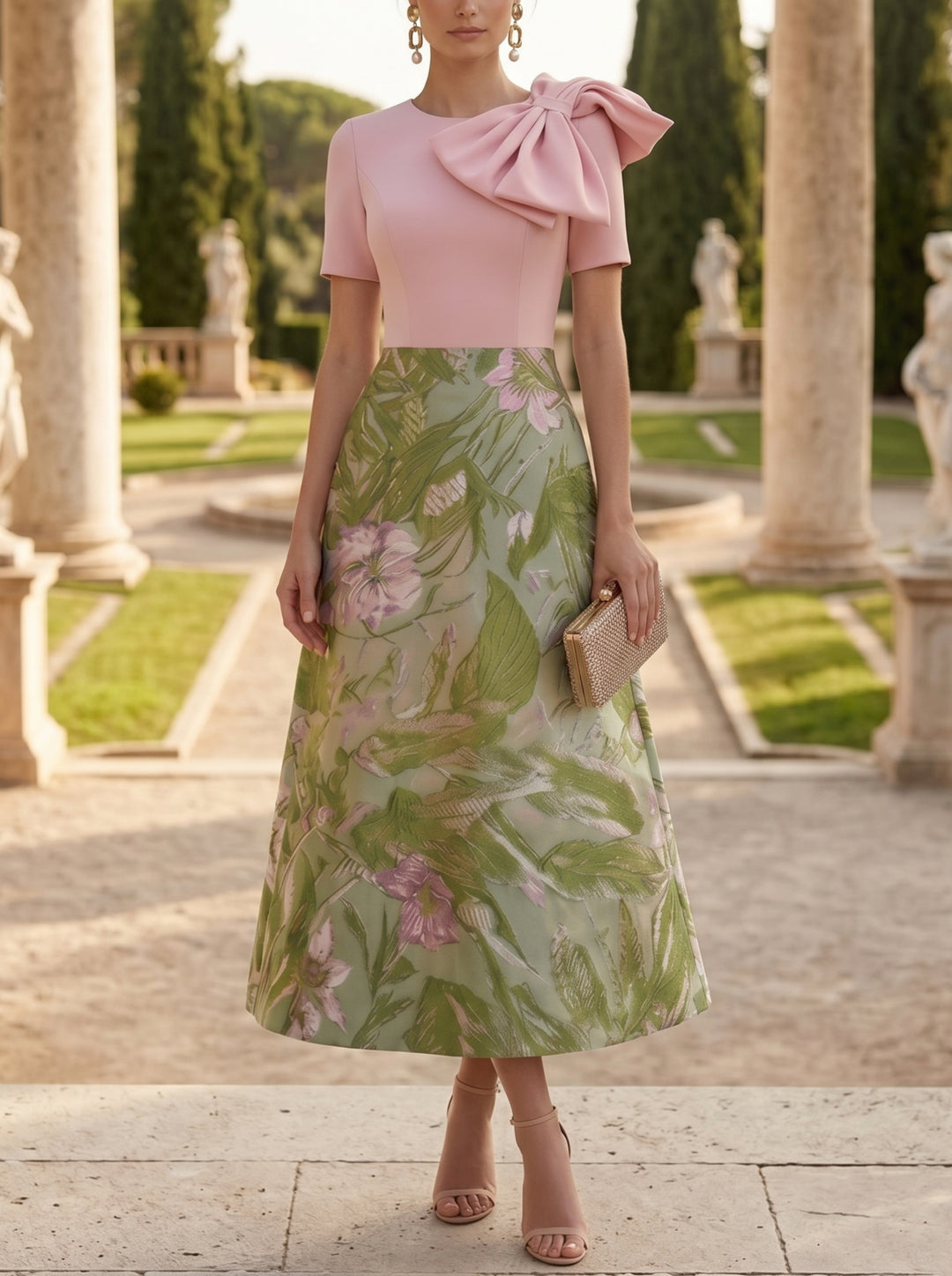 Robe Mère de la Mariée, Ligne A/Princesse, Col Rond, Jacquard, Manches Courtes, Longueur du Thé, Florale, avec Nœud Papillon