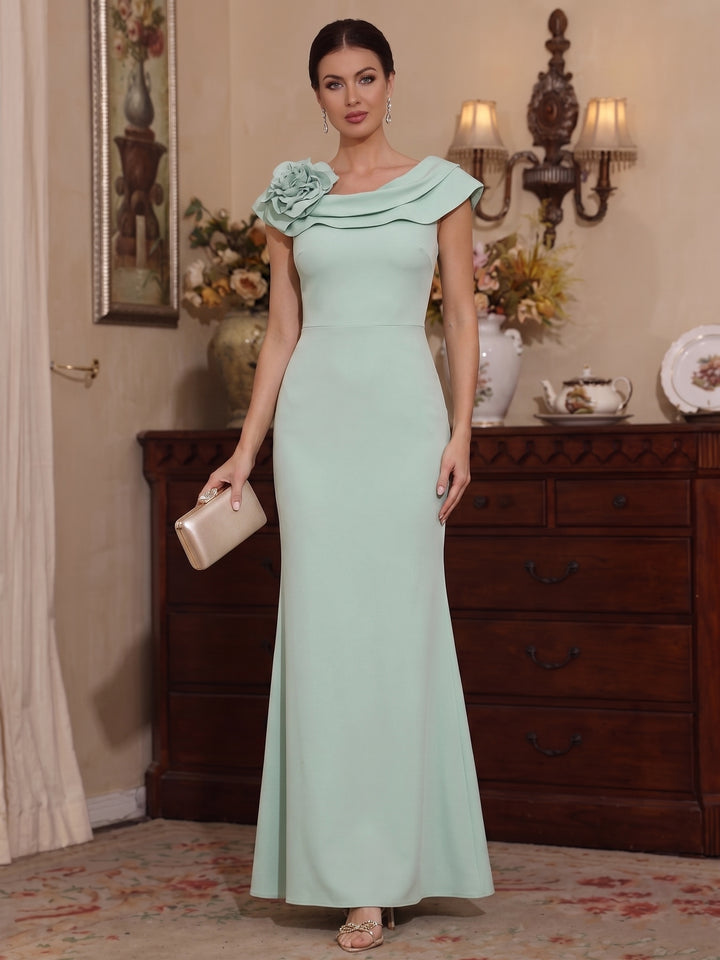 Robe Mère de la Mariée, Gaine/Colonne, Col Rond, Fleurs 3D, Sans Manches, Longueur de la Cheville