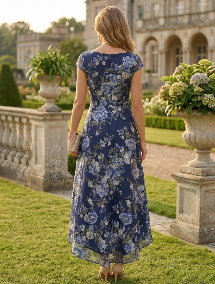 Robe Mère de la Mariée, Ligne A/Princesse, Col Rond, Mousseline, Manches Cape, Longueur du Thé, Florale