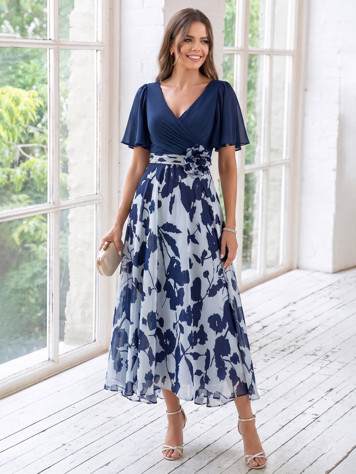 Robe Mère de la Mariée, Ligne A/Princesse, Col en V, Mousseline, Manches Courtes, Longueur du Thé, Florale