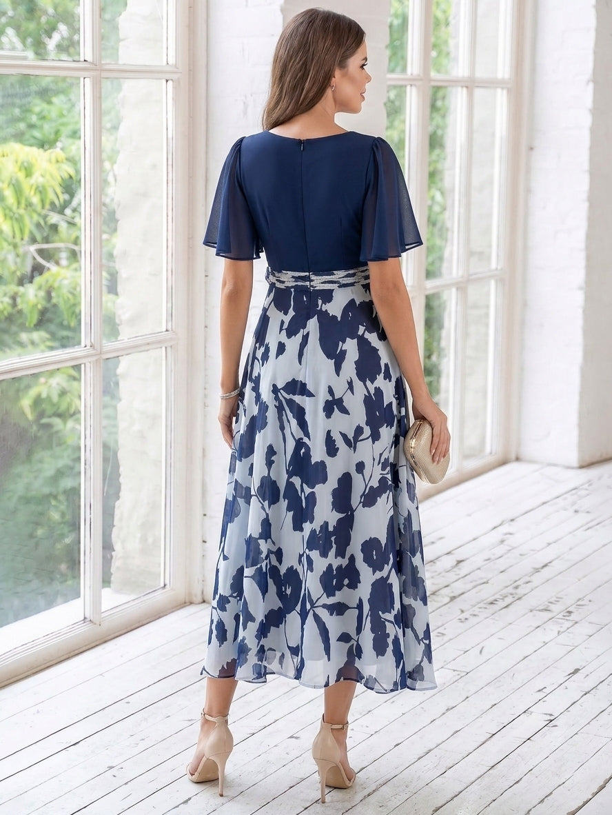 Robe Mère de la Mariée, Ligne A/Princesse, Col en V, Mousseline, Manches Courtes, Longueur du Thé, Florale