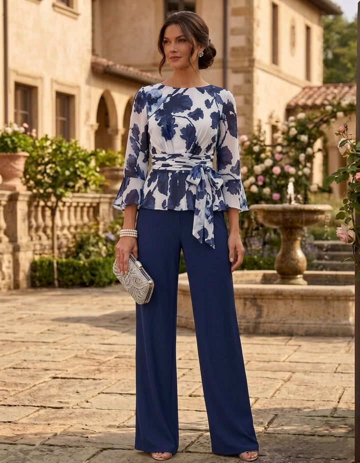 Robe Mère de la Mariée, Ensemble Pantalon, Col Rond, Mousseline, Manches 3/4, Longueur du Sol, Florale