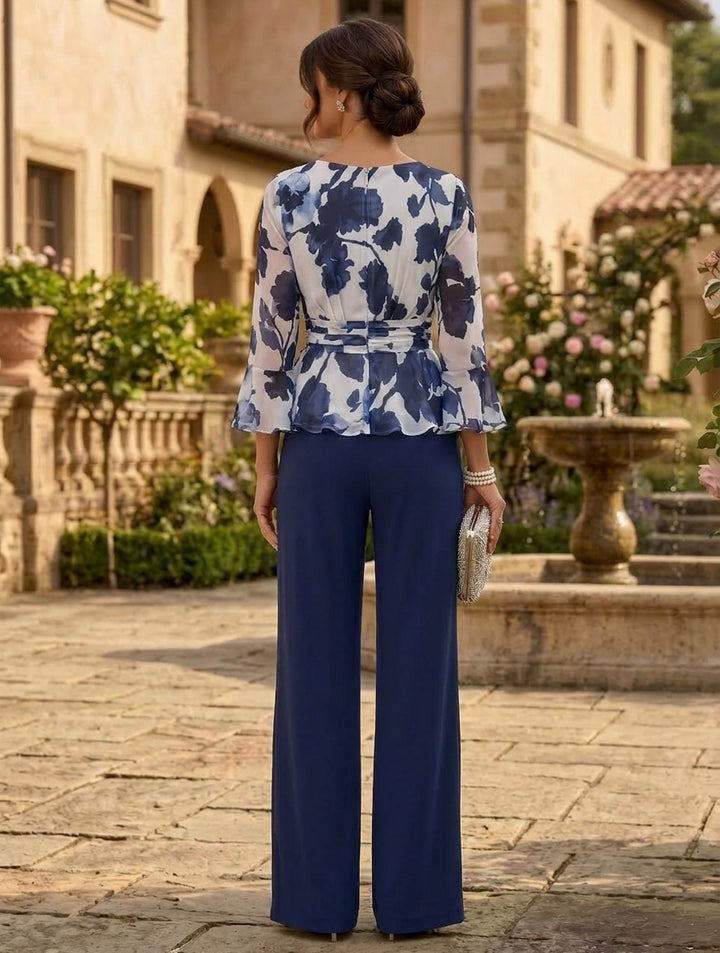 Robe Mère de la Mariée, Ensemble Pantalon, Col Rond, Mousseline, Manches 3/4, Longueur du Sol, Florale
