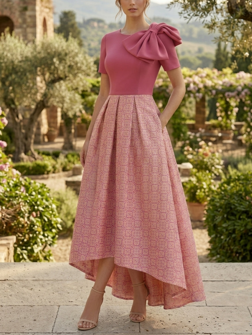 Robe Mère de la Mariée, Ligne A/Princesse, Col Rond, Manches Courtes, Longueur de la Cheville, Nœud Papillon