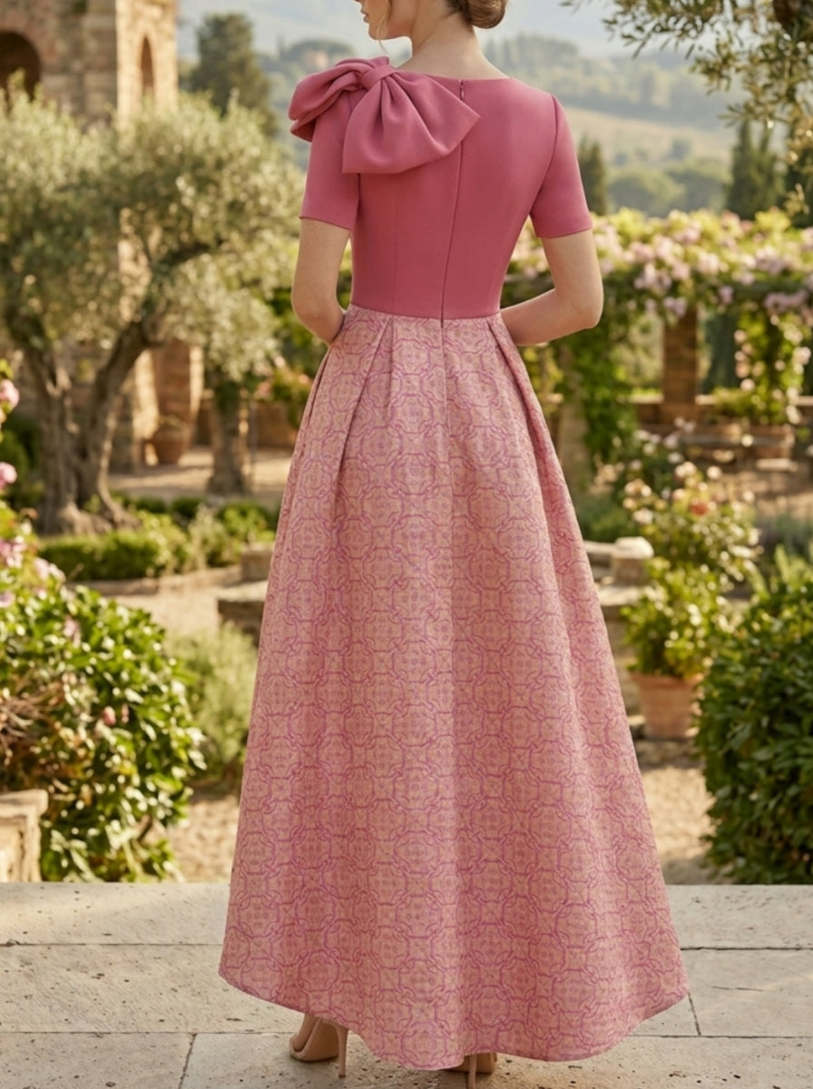 Robe Mère de la Mariée, Ligne A/Princesse, Col Rond, Manches Courtes, Longueur de la Cheville, Nœud Papillon