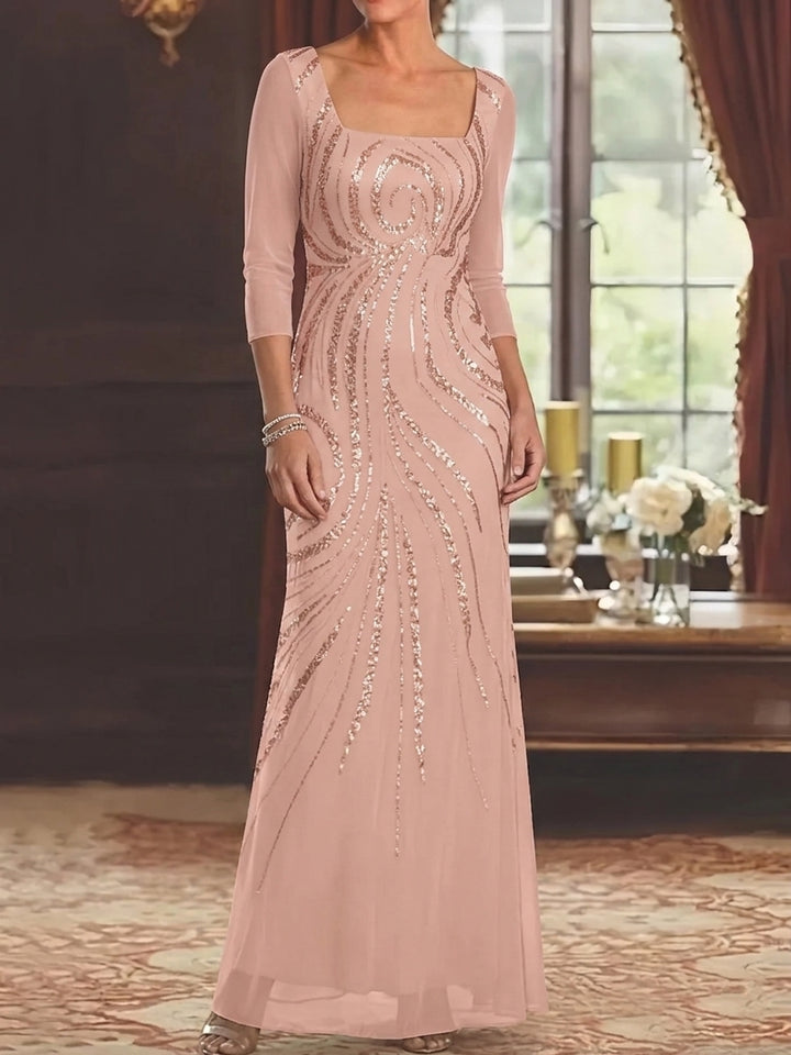 Robe Mère de la Mariée, Gaine/Colonne, Col Carré, Mousseline, Manches 3/4, Longueur au Sol, à Paillettes