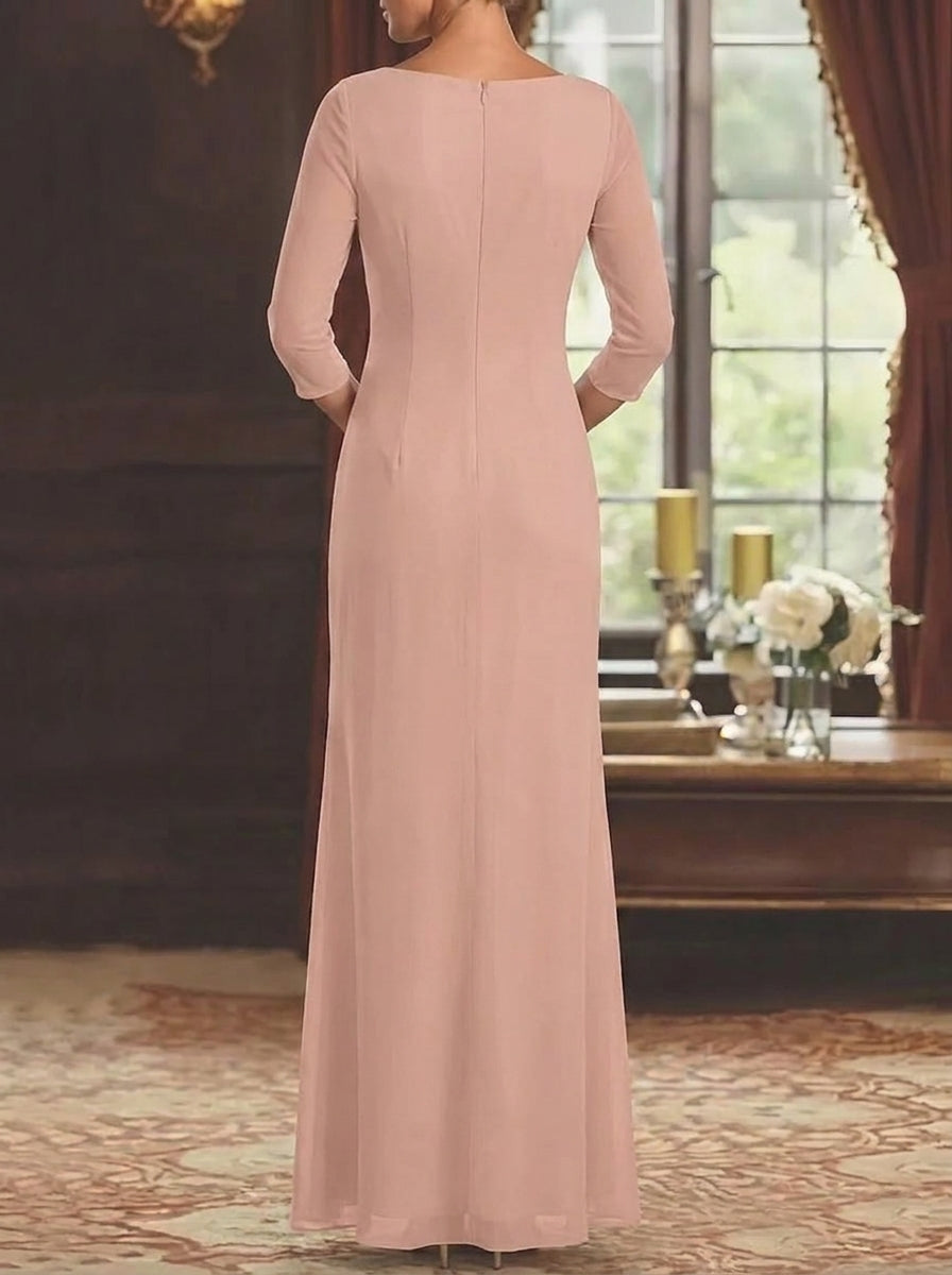 Robe Mère de la Mariée, Gaine/Colonne, Col Carré, Mousseline, Manches 3/4, Longueur au Sol, à Paillettes
