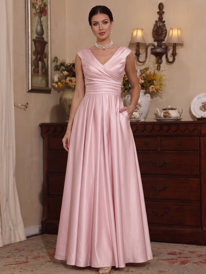 Robe Mère de la Mariée, Ligne A/Princesse, Col en V, Longueur au Sol, Froncée, Sans Manches, Satin