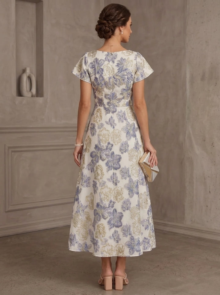 Robe Mère de la Mariée, Jacquard, Col Rond, Manches Courtes, Longueur du Thé, Florale, Volants