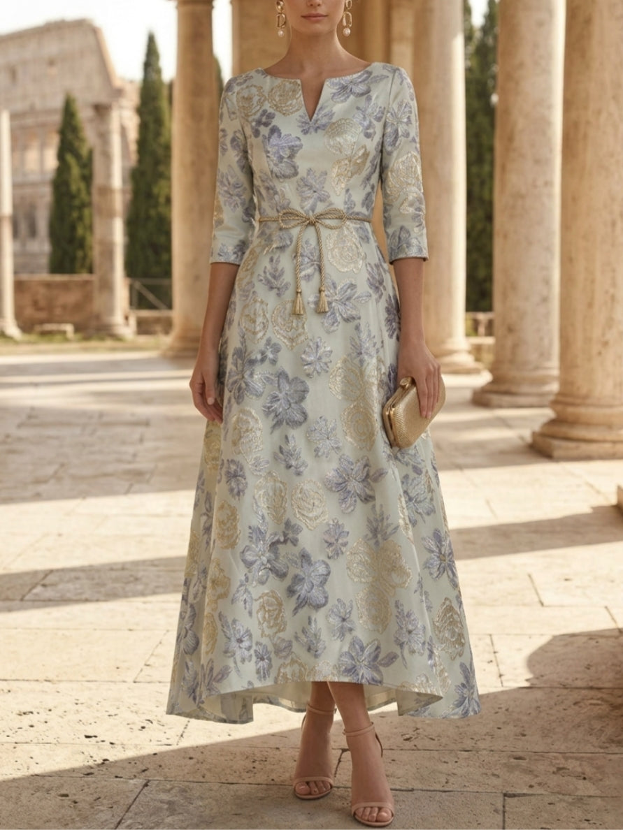 Robe Mère de la Mariée, Ligne A/Princesse, Jacquard, Col en V, Manches 3/4, Longueur du Thé, Florale, avec Ceinture