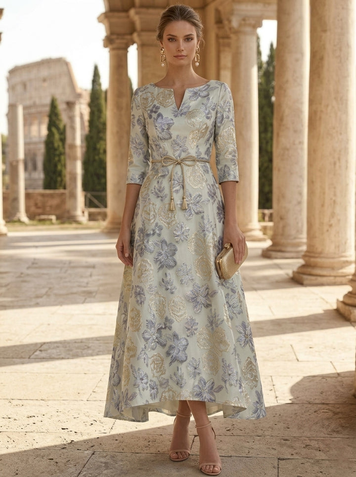 Robe Mère de la Mariée, Ligne A/Princesse, Jacquard, Col en V, Manches 3/4, Longueur du Thé, Florale, avec Ceinture