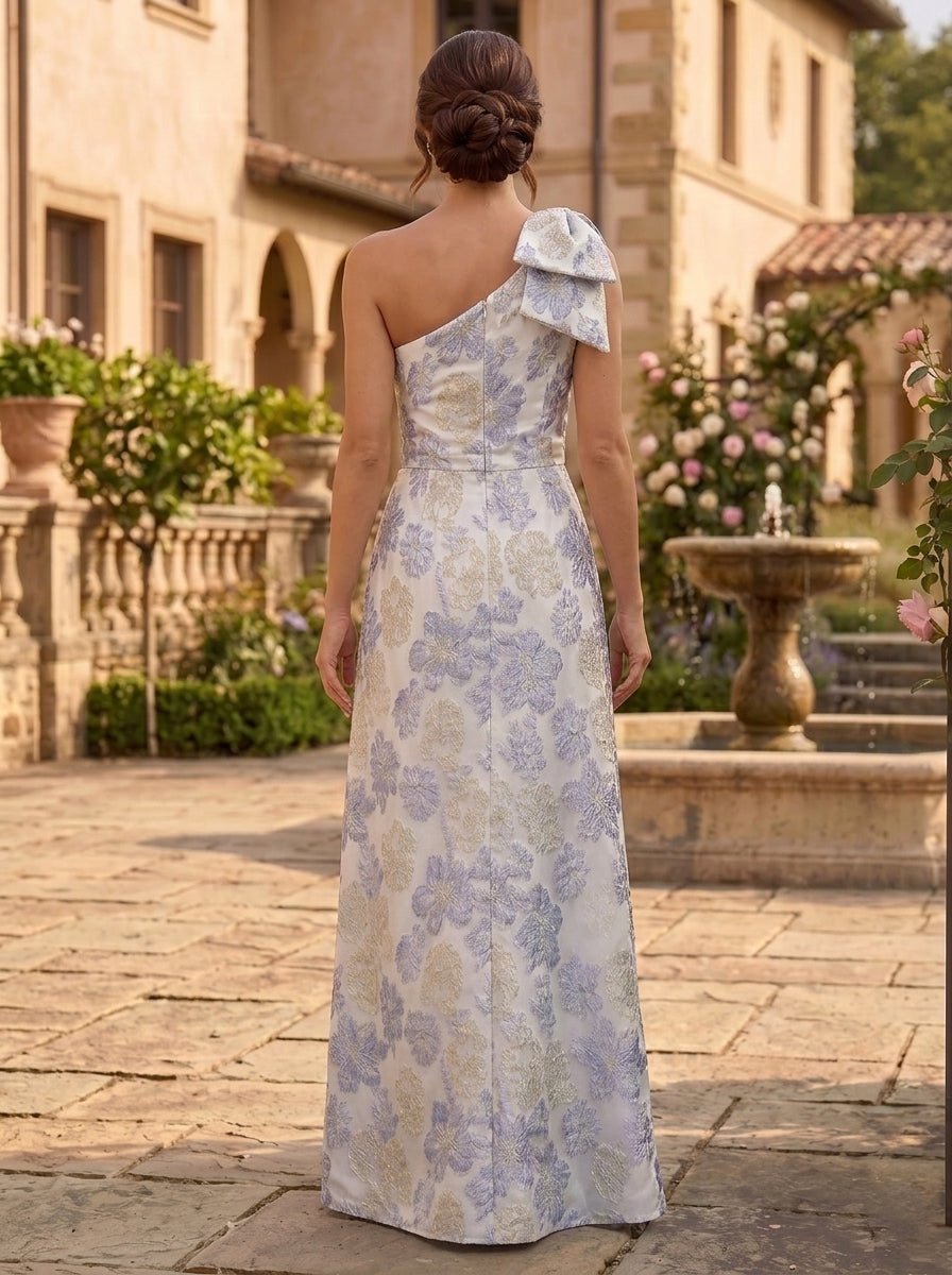 Robe Mère de la Mariée, Ligne A/Princesse, Jacquard, Une Épaule Nue, Sans Manches, Longueur au Sol, Florale, avec Nœud Papillon