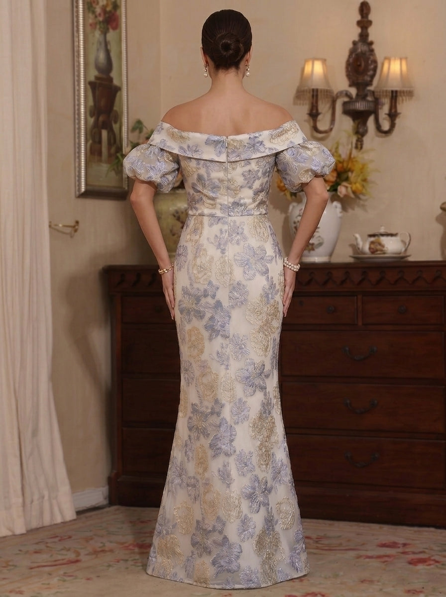 Robe Mère de la Mariée, Trompette/Sirène, Hors de l'épaule, Longueur au Sol, Florale, Manches Bouffantes