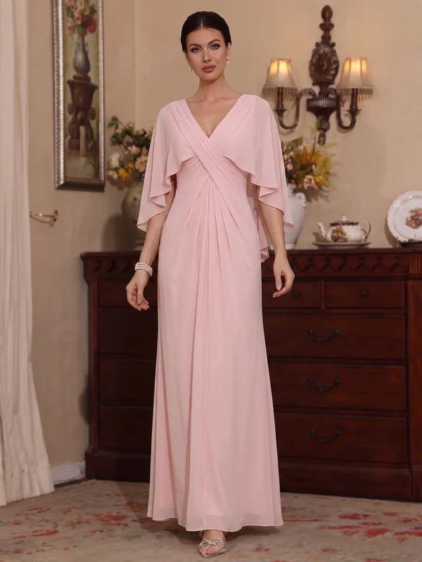 Robe Mère de la Mariée, Ligne A/Princesse, Mousseline, Col en V, Manches Cape, Longueur de la Cheville, Froncée