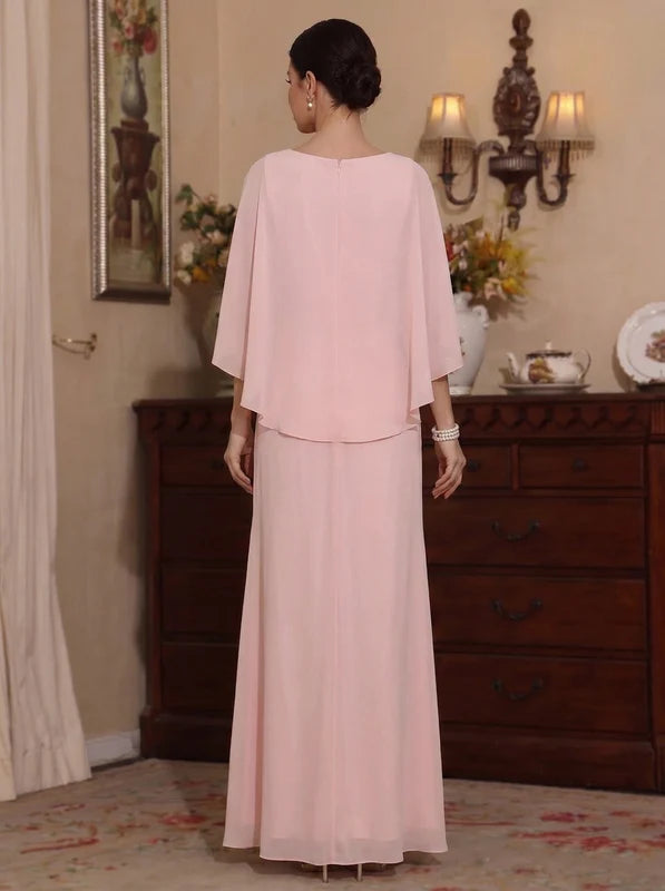 Robe Mère de la Mariée, Ligne A/Princesse, Mousseline, Col en V, Manches Cape, Longueur de la Cheville, Froncée