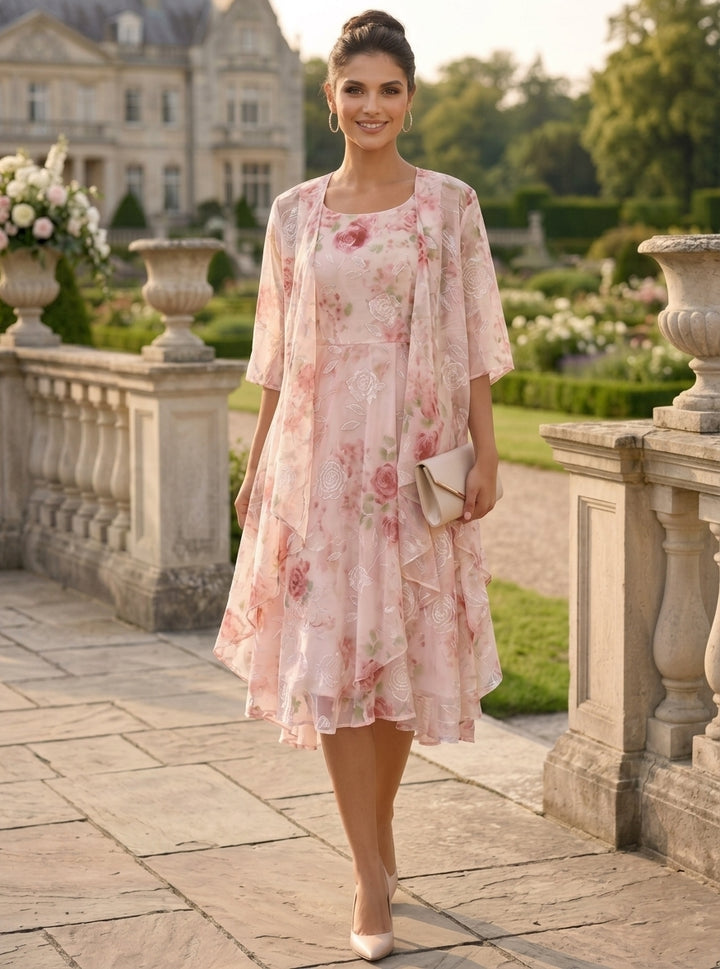 Robe Mère de la Mariée, 2 Pièces, Ligne A/Princesse, Mousseline, Col Rond, Manches Mi-Longues, Longueur du Thé, Florale