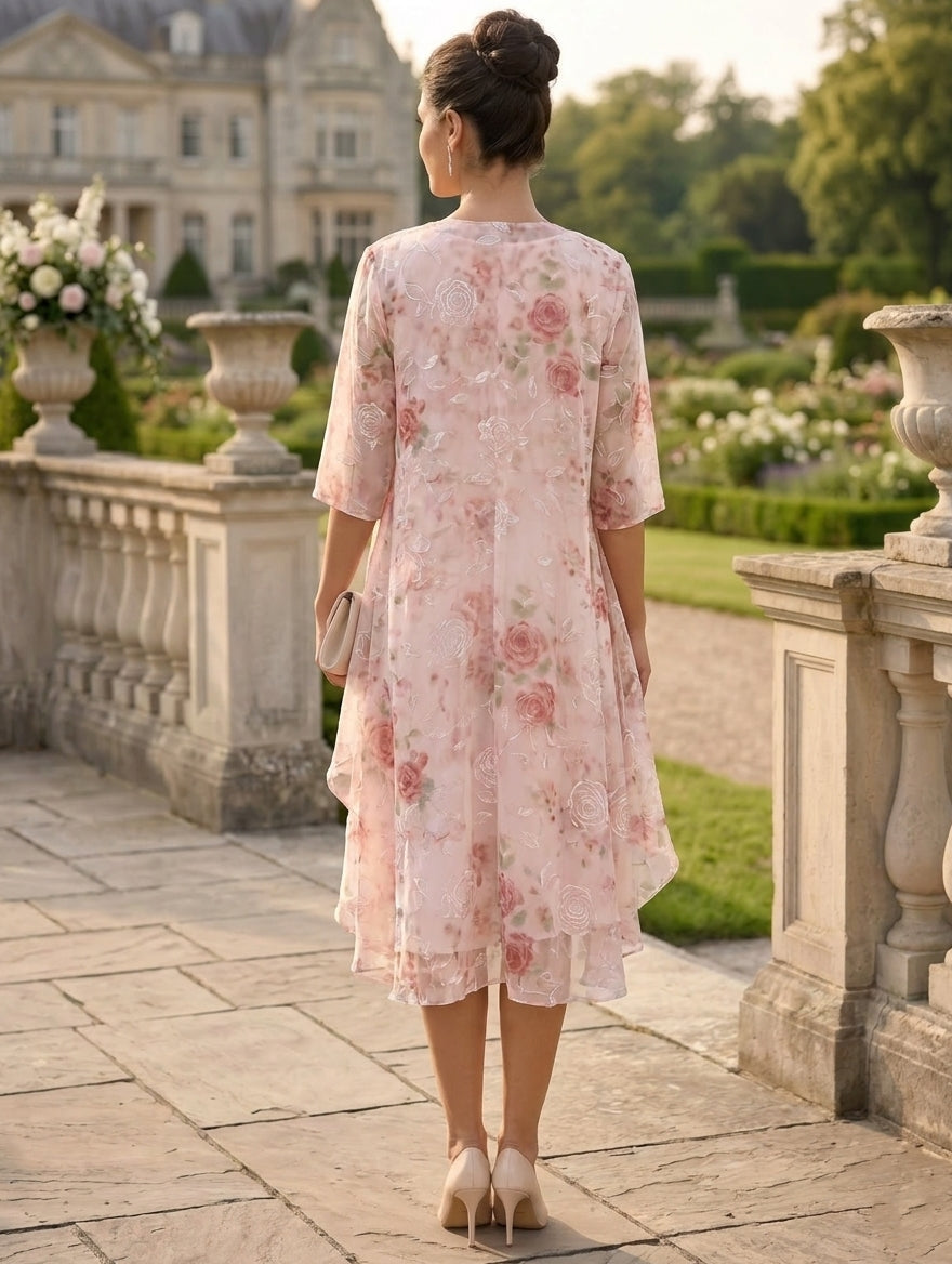 Robe Mère de la Mariée, 2 Pièces, Ligne A/Princesse, Mousseline, Col Rond, Manches Mi-Longues, Longueur du Thé, Florale