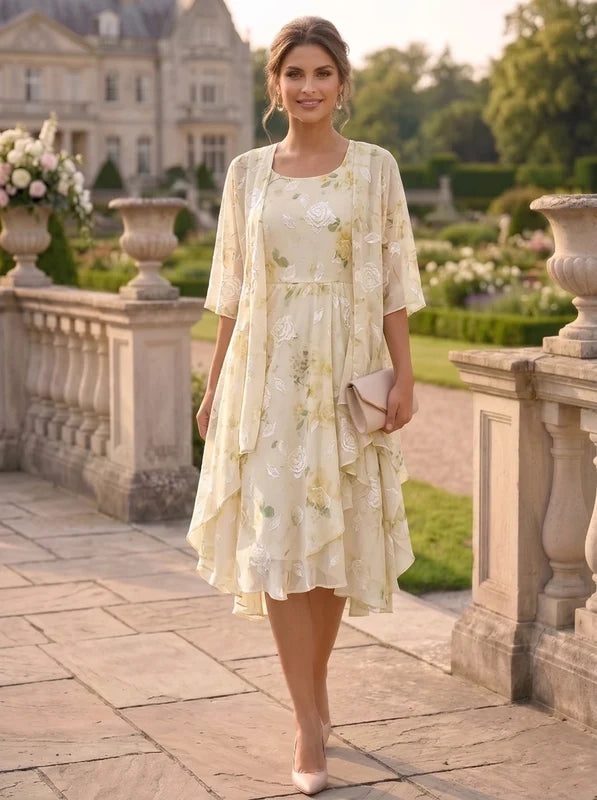 Robe Mère de la Mariée, 2 Pièces, Ligne A/Princesse, Mousseline, Col Rond, Manches Mi-Longues, Longueur du Thé, Florale