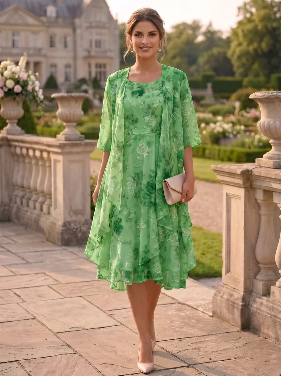 Robe Mère de la Mariée, 2 Pièces, Ligne A/Princesse, Mousseline, Col Rond, Manches Mi-Longues, Longueur du Thé, Florale