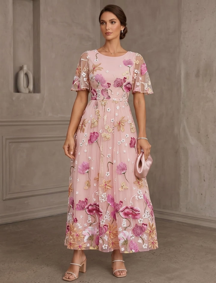 Robe Mère de la Mariée, Ligne A/Princesse, Broderie en Dentelle, Col Rond, Manches Courtes, Longueur de la Cheville, Florale