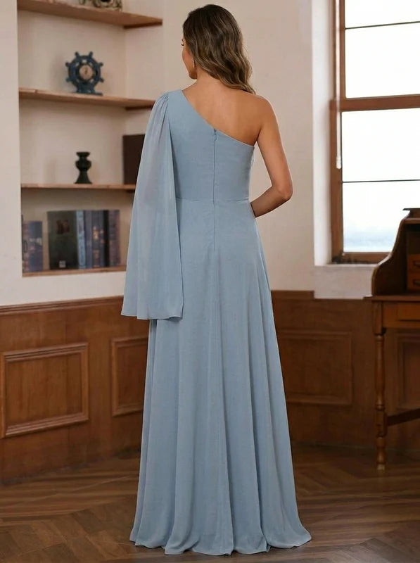 Robe Mère de la Mariée, Ligne A/Princesse, Mousseline, Une Épaule Nue, Manches Cape, Longueur au Sol, Froncée