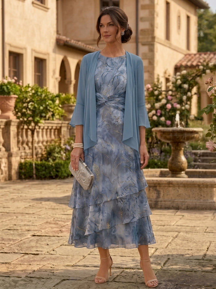 Robe Mère de la Mariée, 2 Pièces, Ligne A/Princesse, Mousseline, Col Rond, Manches 3/4, Longueur du Thé, Florale