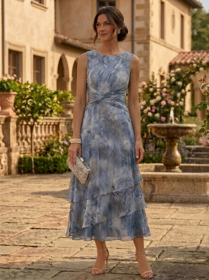 Robe Mère de la Mariée, 2 Pièces, Ligne A/Princesse, Mousseline, Col Rond, Manches 3/4, Longueur du Thé, Florale