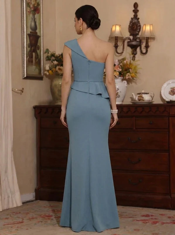 Robe Mère de la Mariée, Trompette/Sirène, Satin, Une Épaule Nue, Sans Manches, Longueur au Sol, à Volants