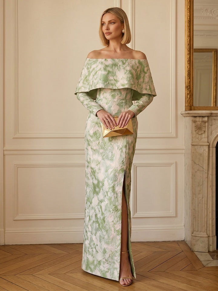 Robe de Soirée, Gaine/Colonne, Jacquard, Hors de l'épaule, Manches Longues, Longueur au Sol, Florale