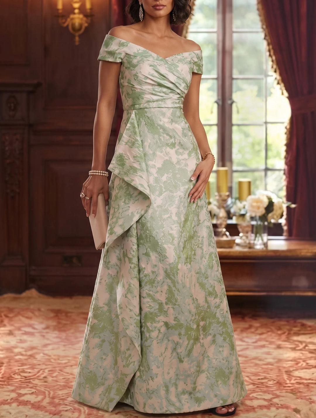 Robe Mère de la Mariée, Ligne A/Princesse, Jacquard, Hors de l'épaule, Sans Manches, Longueur au Sol, à Volants