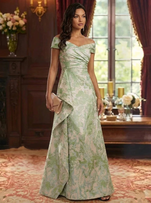 Robe Mère de la Mariée, Ligne A/Princesse, Jacquard, Hors de l'épaule, Sans Manches, Longueur au Sol, à Volants