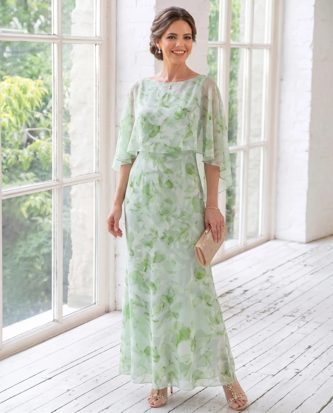 Robe Mère de la Mariée, Gaine/Colonne, Mousseline, Col Rond, Manches Cape, Longueur de la Cheville, Florale