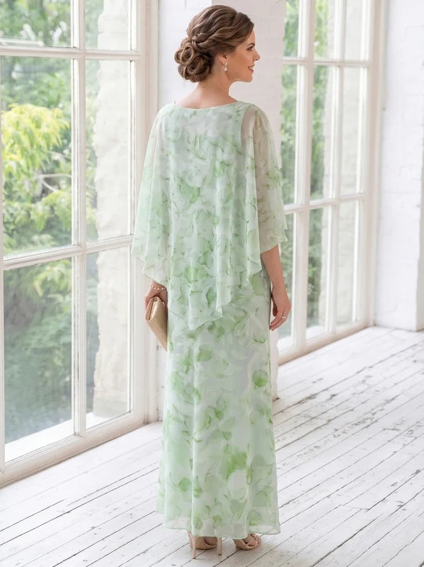 Robe Mère de la Mariée, Gaine/Colonne, Mousseline, Col Rond, Manches Cape, Longueur de la Cheville, Florale