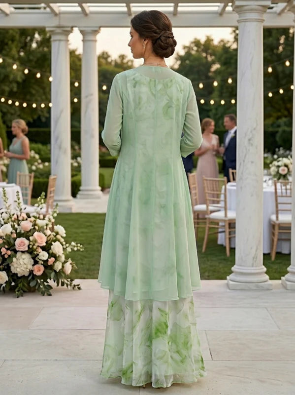 Robe Mère de la Mariée, Ligne A/Princesse, Mousseline, Col Rond, Manches 3/4, Longueur de la Cheville, Florale à Volants