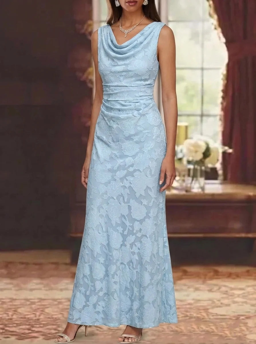 Robe Mère de la Mariée, Gaine/Colonne, Mousseline Florale, Col en V, Sans Manches, Longueur de la Cheville