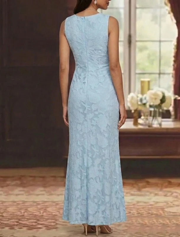 Robe Mère de la Mariée, Gaine/Colonne, Mousseline Florale, Col en V, Sans Manches, Longueur de la Cheville