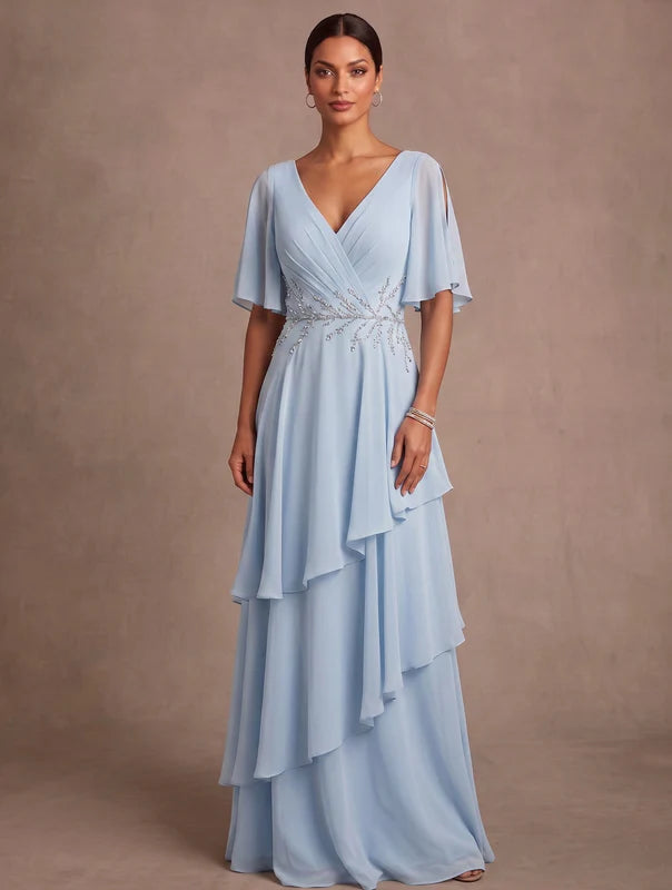 Robe Mère de la Mariée, Ligne A/Princesse, Mousseline, Col en V, Manches Courtes, Longueur au Sol