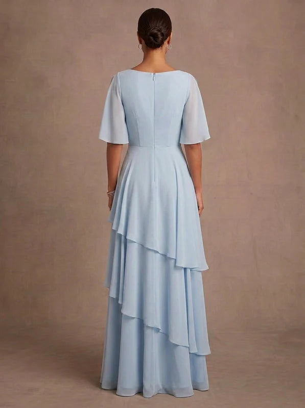 Robe Mère de la Mariée, Ligne A/Princesse, Mousseline, Col en V, Manches Courtes, Longueur au Sol
