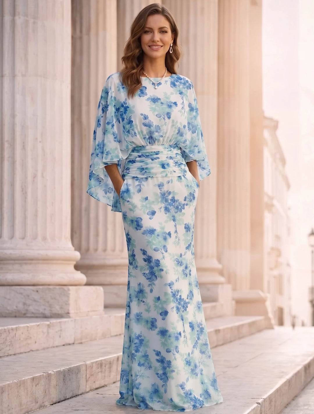 Robe Mère de la Mariée, Gaine/Colonne, Mousseline Florale, Col Bateau, Manches 3/4, Longueur au Sol, Florale