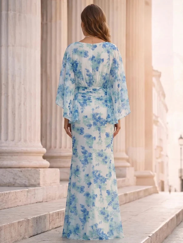 Robe Mère de la Mariée, Gaine/Colonne, Mousseline Florale, Col Bateau, Manches 3/4, Longueur au Sol, Florale
