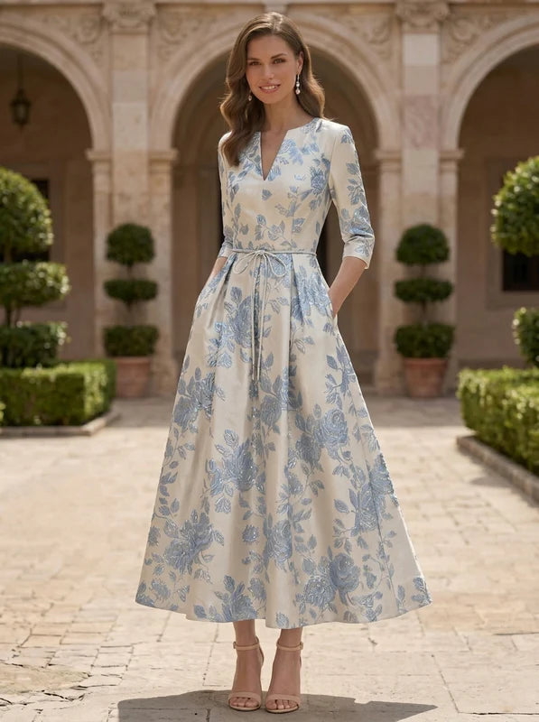 Robe Mère de la Mariée,Ligne A/Princesse, Jacquard, Col en V, Manches 3/4, Longueur du Thé, Florale