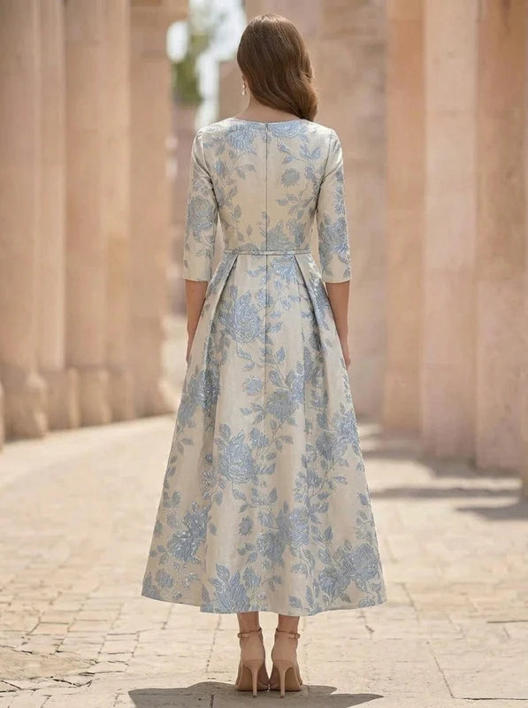 Robe Mère de la Mariée,Ligne A/Princesse, Jacquard, Col en V, Manches 3/4, Longueur du Thé, Florale