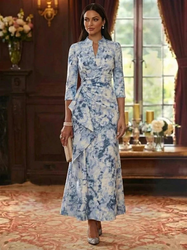 Robe Mère de la Mariée, Gaine/Colonne, Jacquard, Col en V, Manches 3/4, Longueur de la Cheville, à Volants