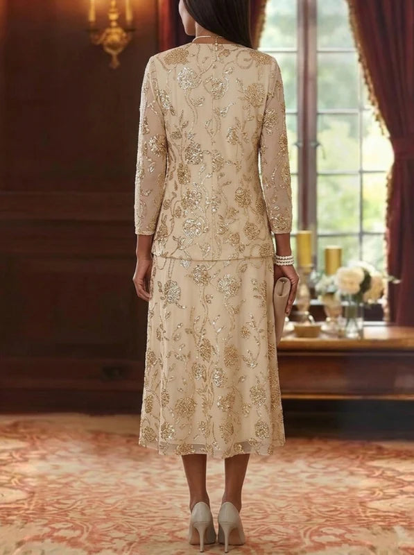 Robe Mère de la Mariée 2 Pièces, Ligne A/Princesse, Mousseline à Paillettes, Col Rond, Manches 3/4, Longueur du Thé, Florale