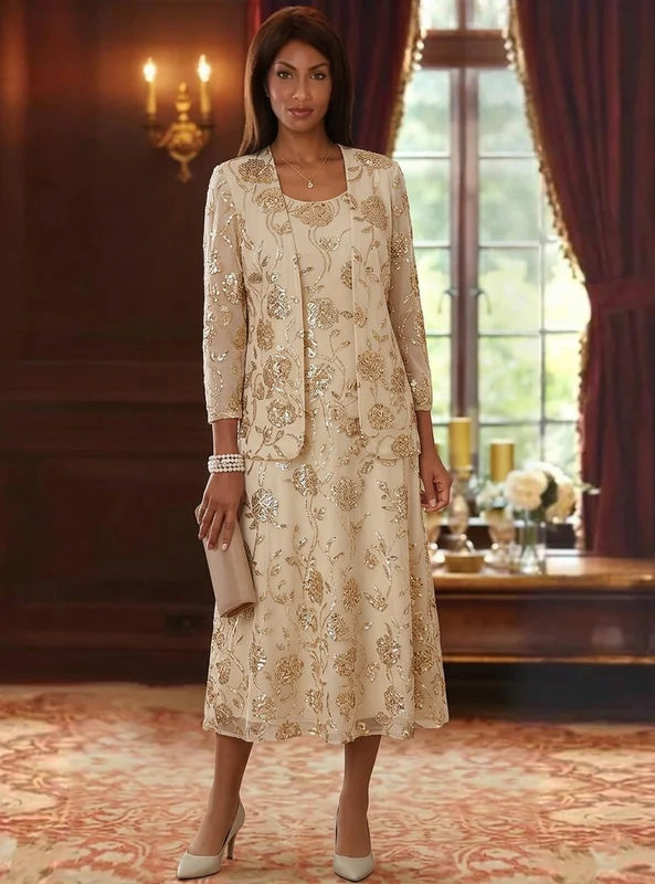 Robe Mère de la Mariée 2 Pièces, Ligne A/Princesse, Mousseline à Paillettes, Col Rond, Manches 3/4, Longueur du Thé, Florale